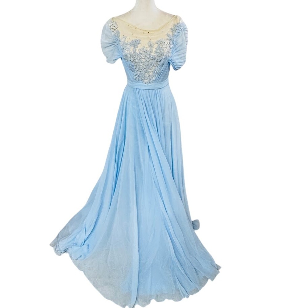 Vintage Light Blue Lace Applique Illusion Neckline Chiffon Formal Gown Regency